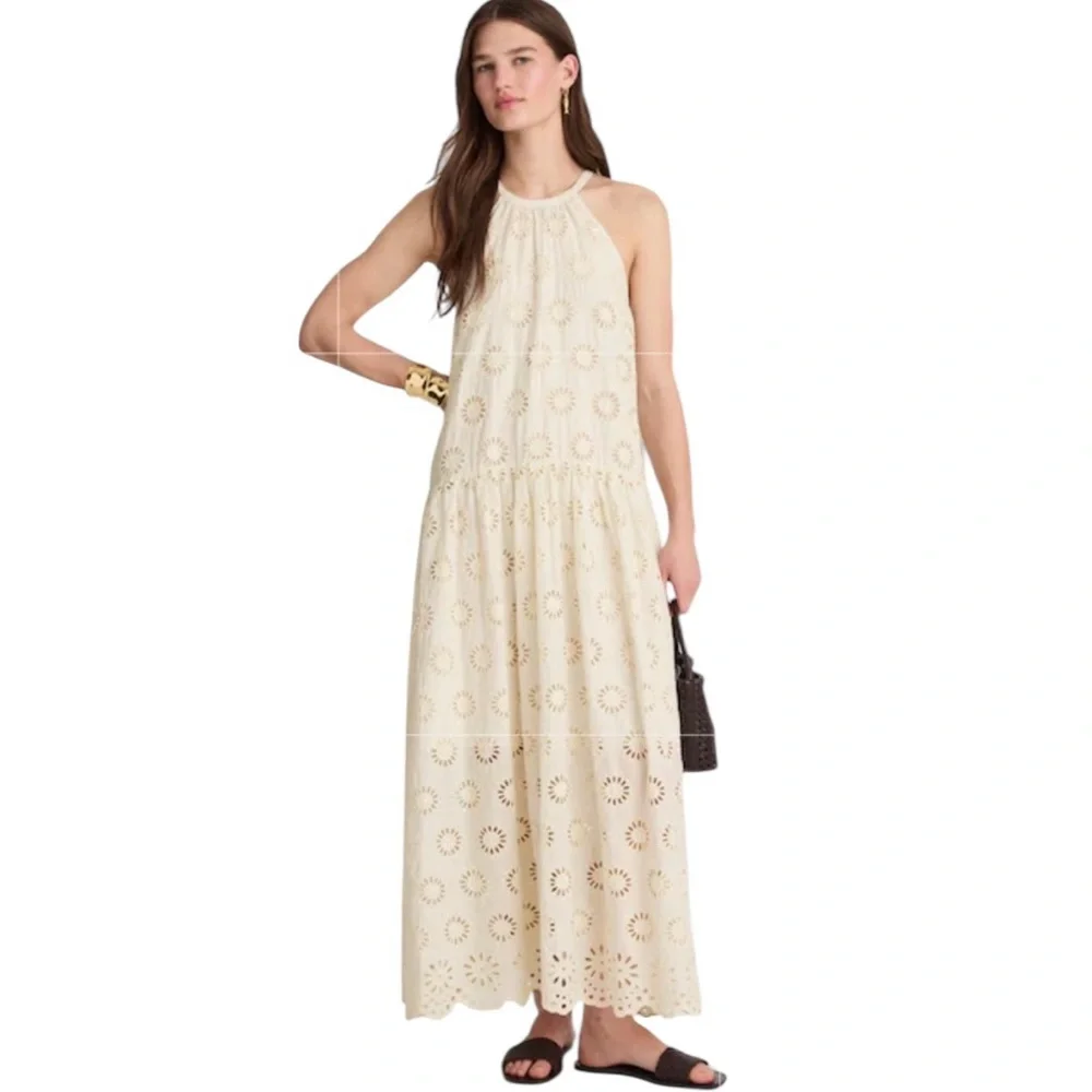 NEW MADEWELL Embroidered Drop-Waist Maxi Dress in Cream Floral Eyelet Size Small